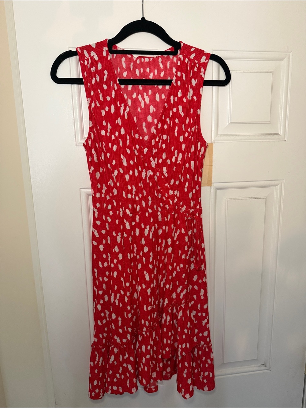 Lush Red Sleeveless V-Neck Mini Dress with White Spot Print